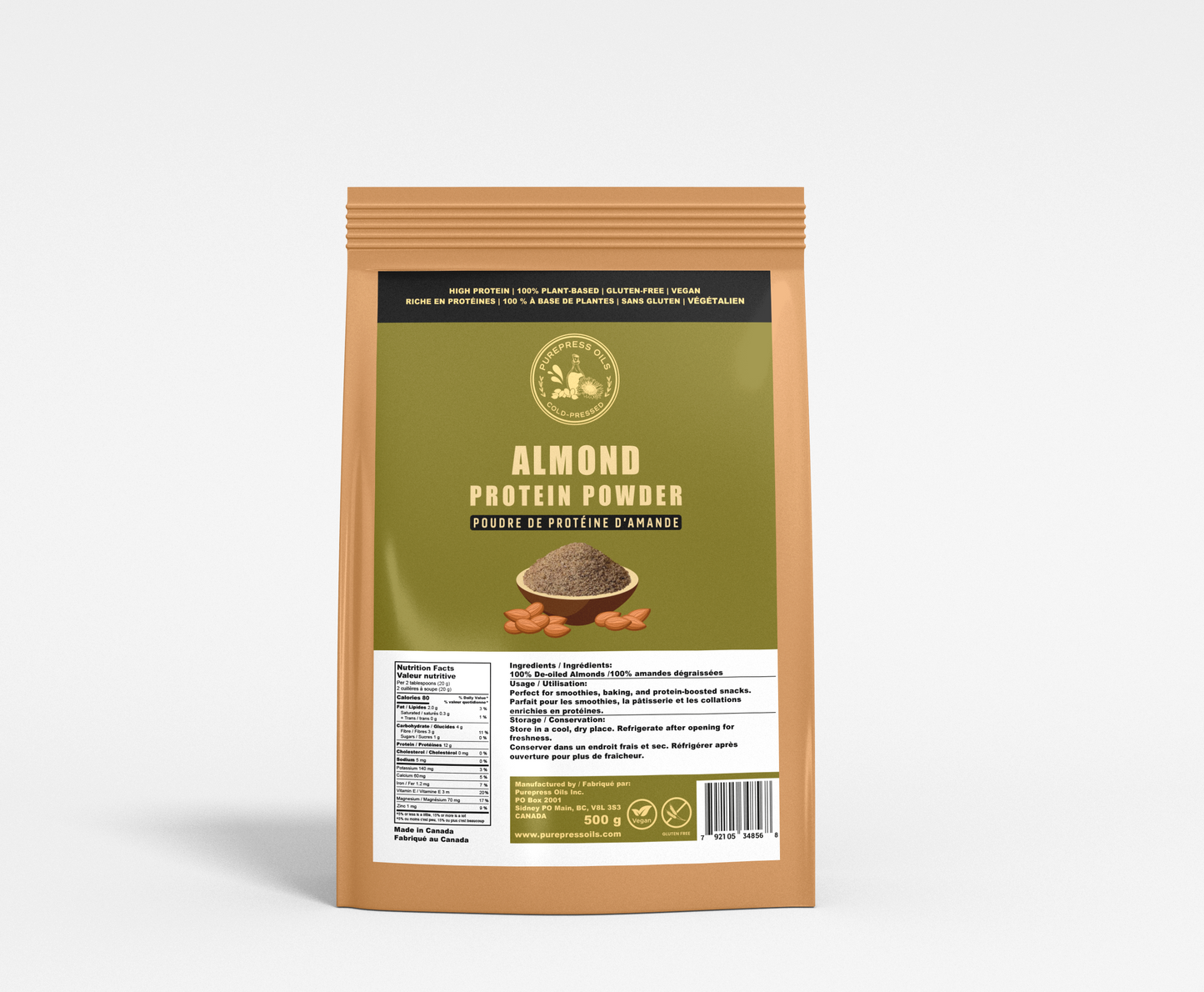 Almond roten powder in 500 gramm package made by Purepress Oils Inc.